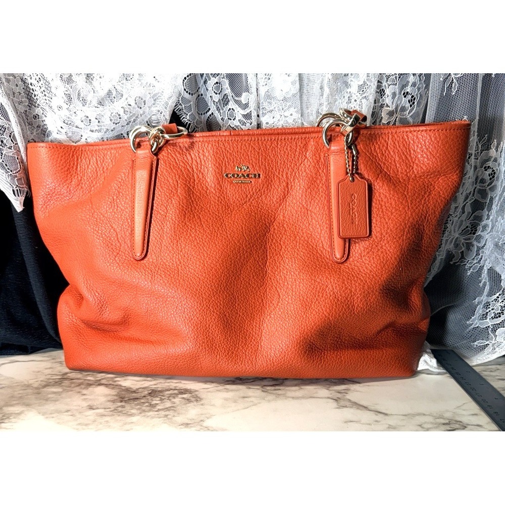 Coach Orange Leather Street Zip‎ Tote Casual Large Shoulder Bag (A2955)